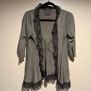 Anthropologie Guinevere Ruffle Sweater Cardigan olive green stripes medium